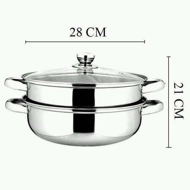 Nồi hấp inox 2 tầng kèm lẩu - vung kính 28cm dùng mọi loại bếp