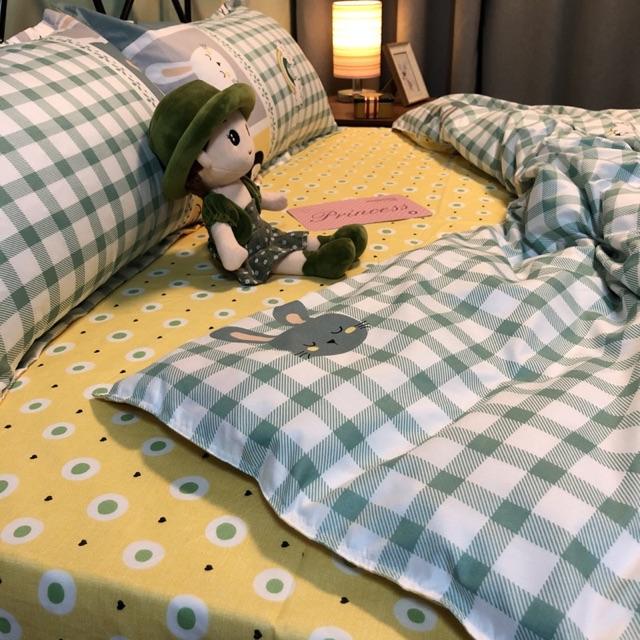 Set Chăn Ga Ô Vuông Hoạt Hình Ngộ Nghĩnh Cotton Poly Siêu Cute Bền Đẹp
