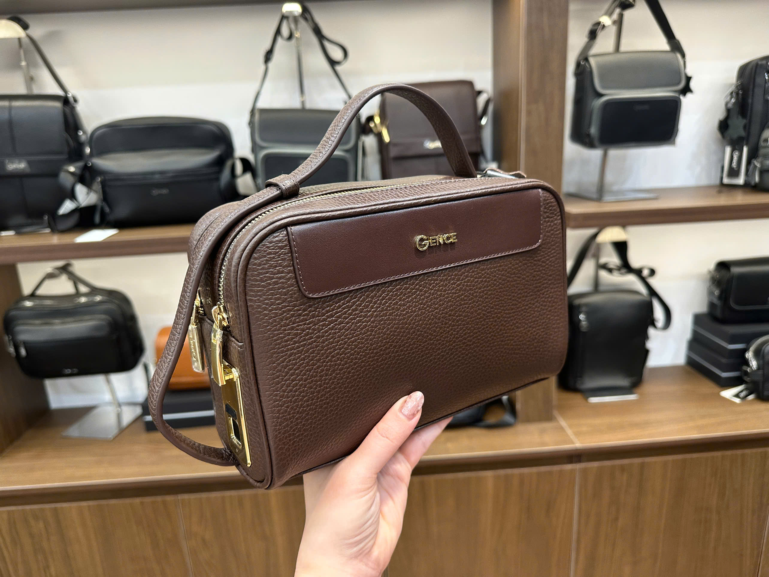 Clutch Ví Cầm Tay Túi Xách Nam GENCE RB15 Chất Liệu Da Bò Khóa Vân Tay Cao Cấp Màu Nâu