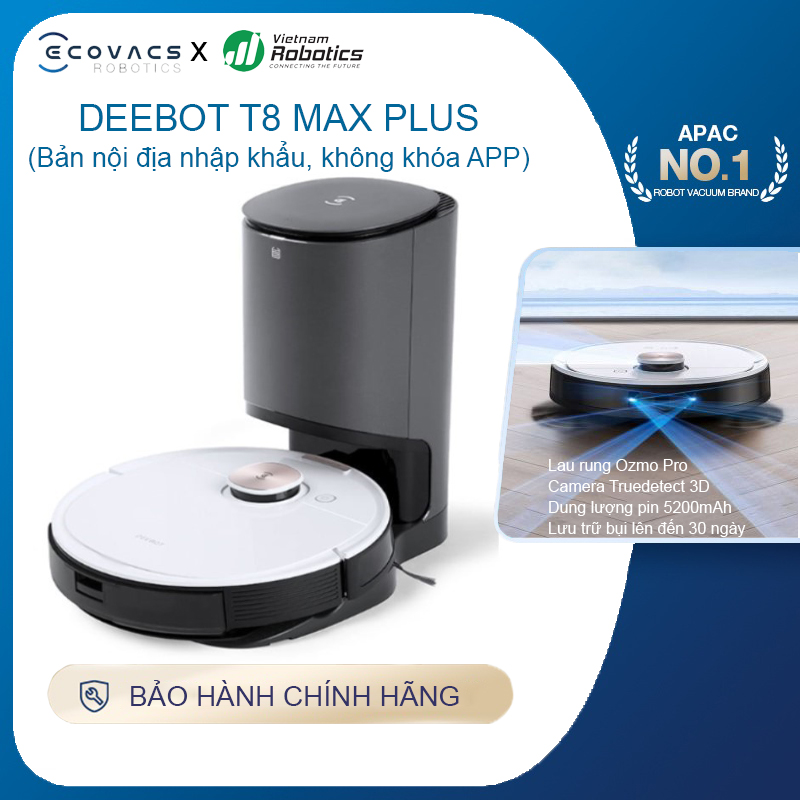 Robot hút bụi lau nhà Ecovacs Deebot T8 Max Plus - hàng nhập khẩu chính hãng full VAT, bảo hành chính hãng 24 tháng bởi Vietnam Robotics, lực hút 1500Pa, thời gian hoạt động 3 giờ liên tục