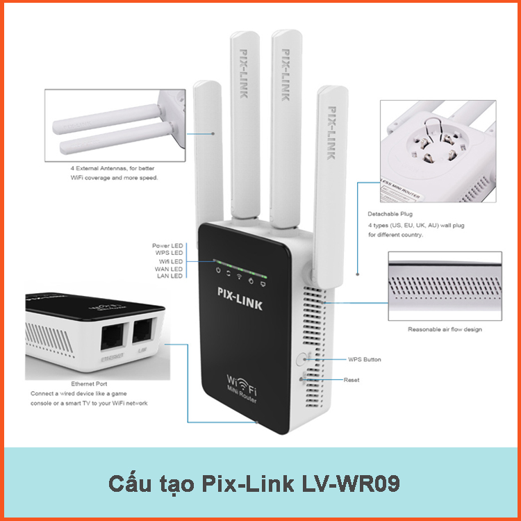 Kích sóng wifi tốc độ cao 4 râu 300M PIX LINK LV-WR09 thiết bị kích sóng phủ rộng giải pháp cho mạng yếu, kết nối đến 50M cực nhanh, cài đặt dễ dàng - Hàng chính hãng