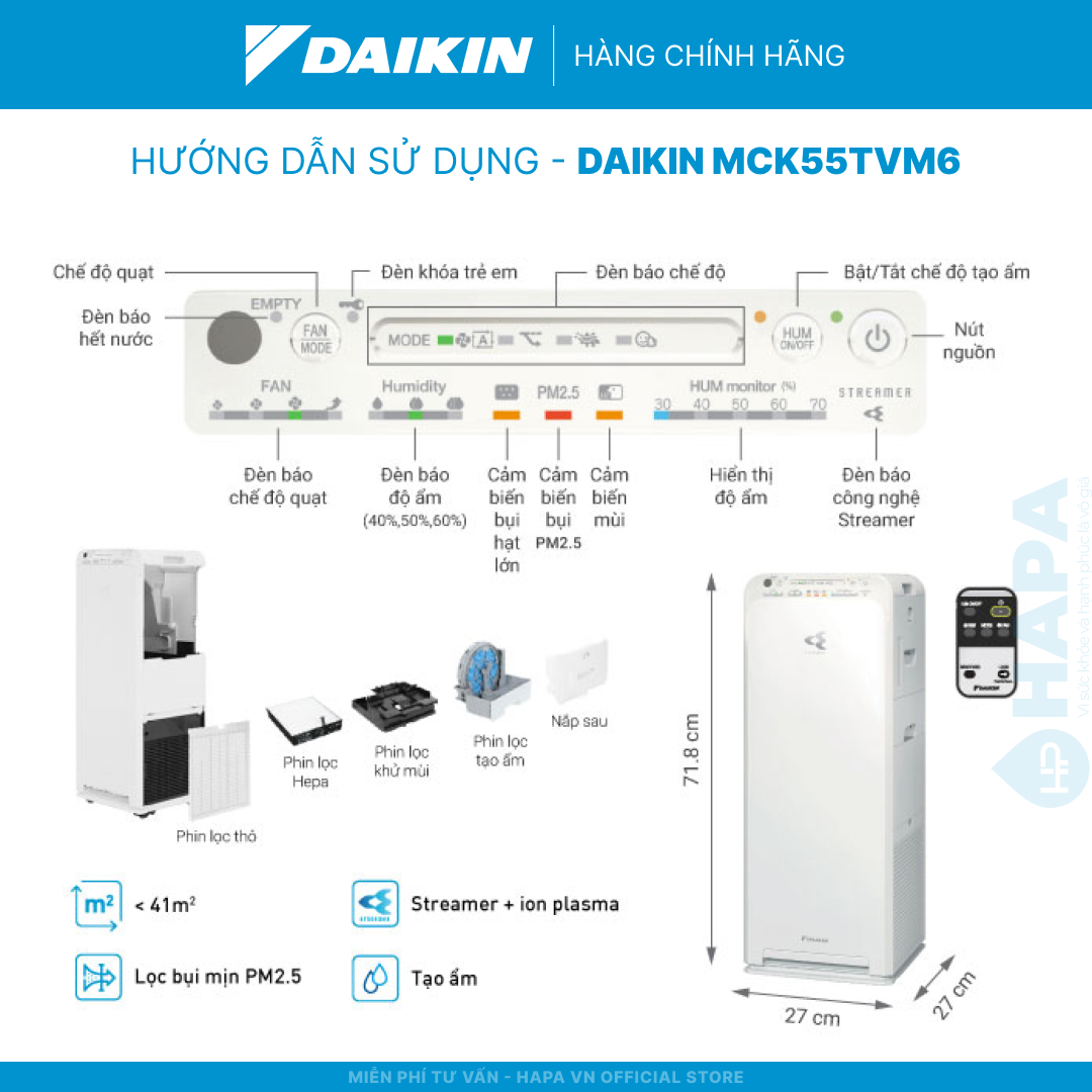 Máy Lọc Không Khí Tạo Ẩm DAIKIN MCK55TVM6 Công nghệ HEPA, Streamer &amp; ION PLASMA - Hàng Chính Hãng DAIKIN