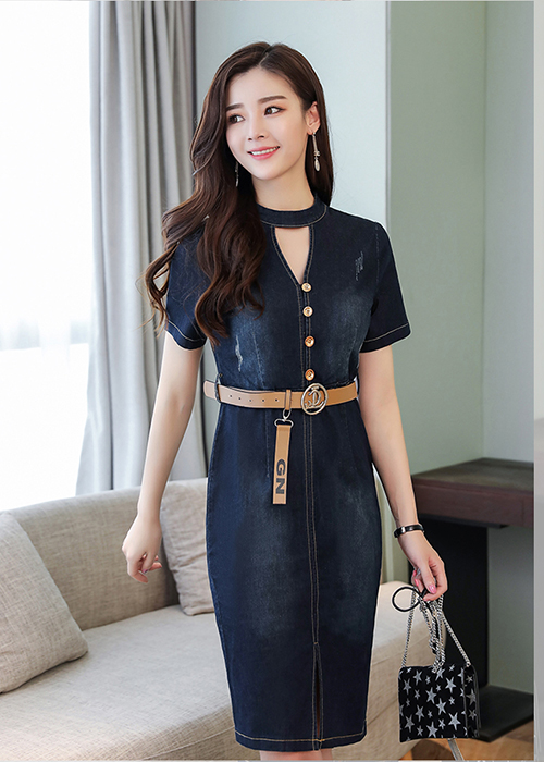 Đầm Jean Nữ Xẻ Ngực Đính Nút Thời Trang