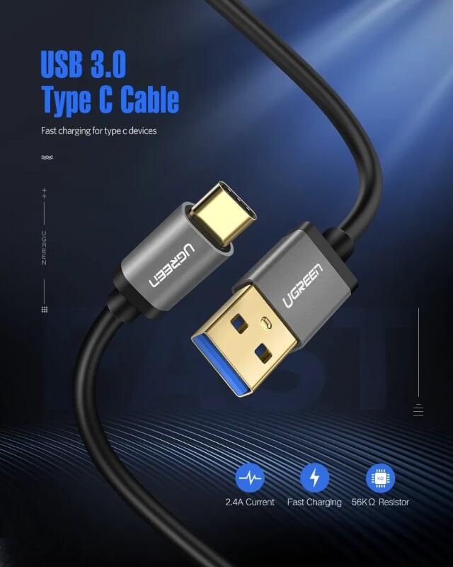 Ugreen UG30531US187TK 0.25M màu Đen Cáp dữ liệu USB Type-C sang USB 3.0 truyền dữ liệu từ máy tính ra điện thoại - HÀNG CHÍNH HÃNG