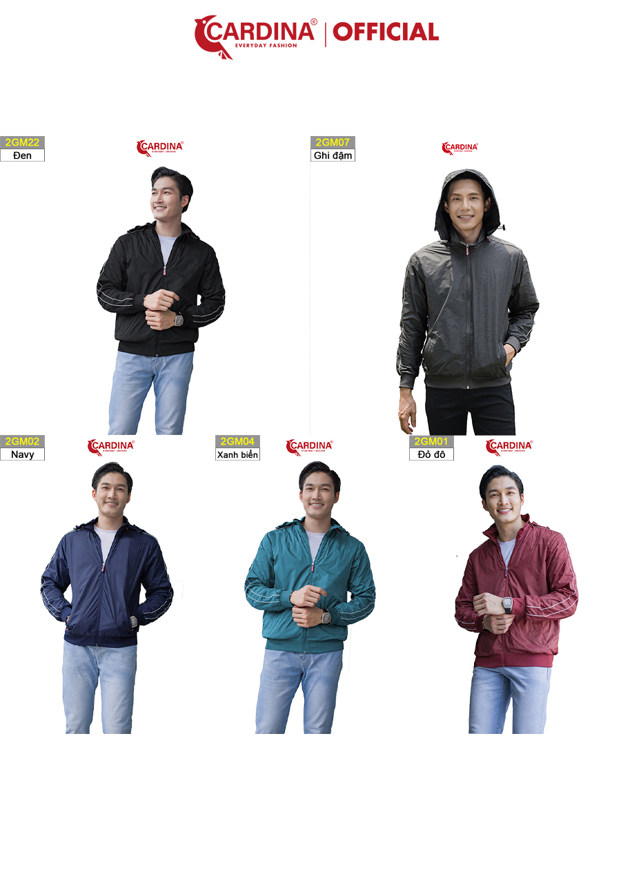 Áo khoác gió nam CARDINA 2 Lớp Lót Lưới Cao Cấp Viền Thể Thao Siêu Nhẹ Cản Gió Giữ Nhiệt Cản Bụi Chống Nước 2GM