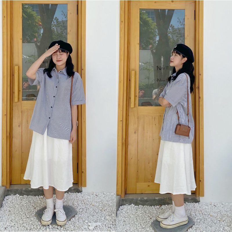 Áo sơ mi kẻ sọc thô xốp ulzzang