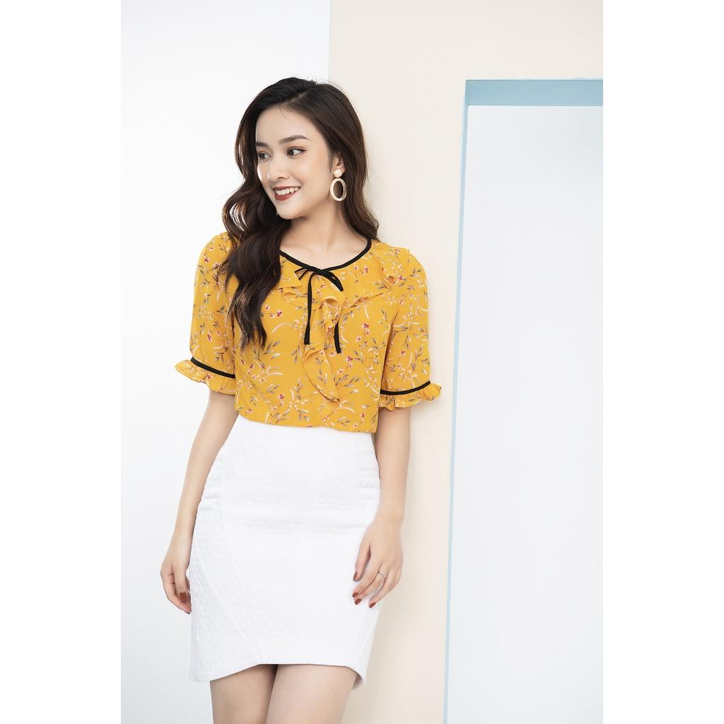 Áo sơ mi nữ công sở LUPERI LFSM1134 viền cổ nhúm bèo, thắt nơ dễ thương
