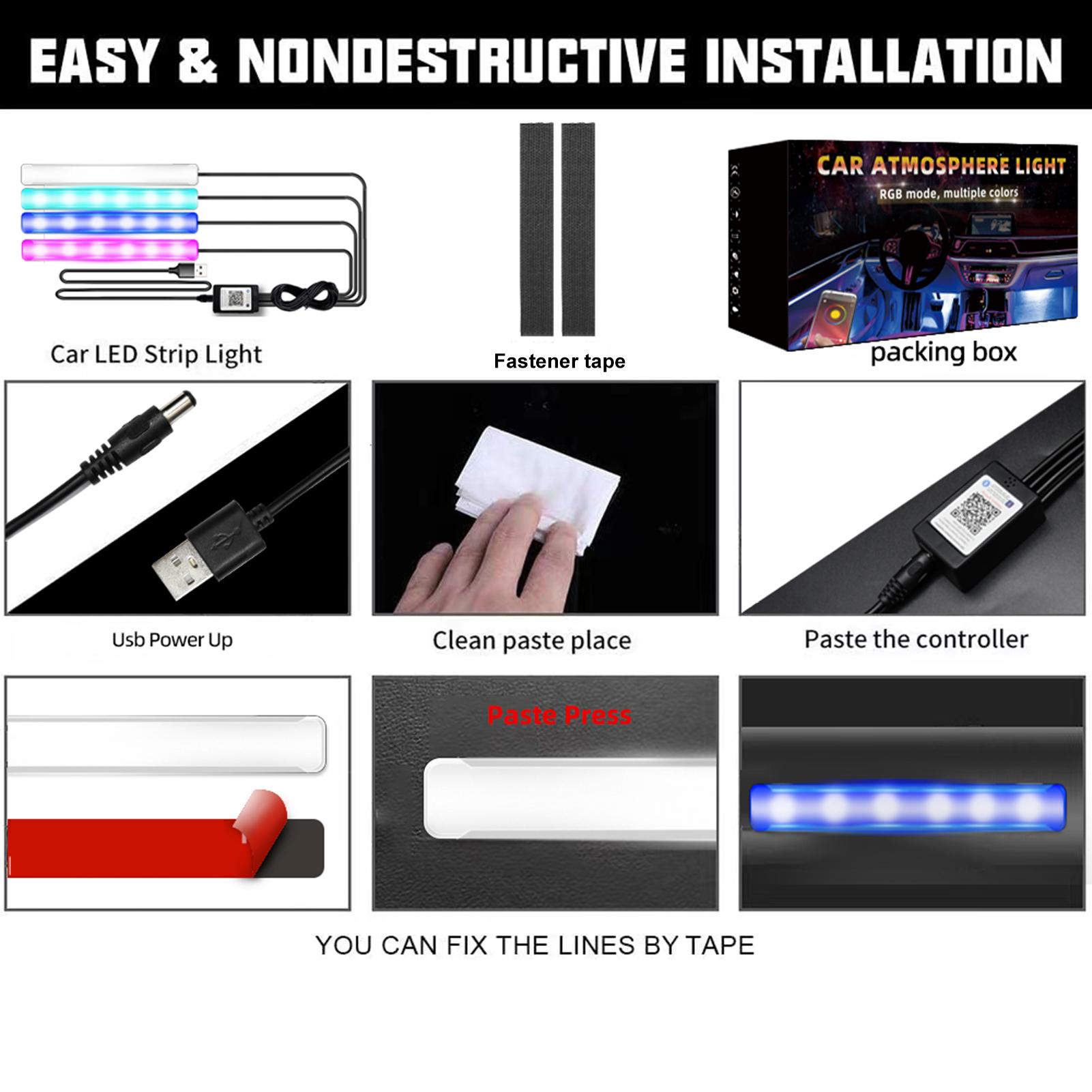 EV21 App Control Car Atmosphere Light 4 Light Bars RGB Illusion Music Rhythm Light LED Car Ambient Light
