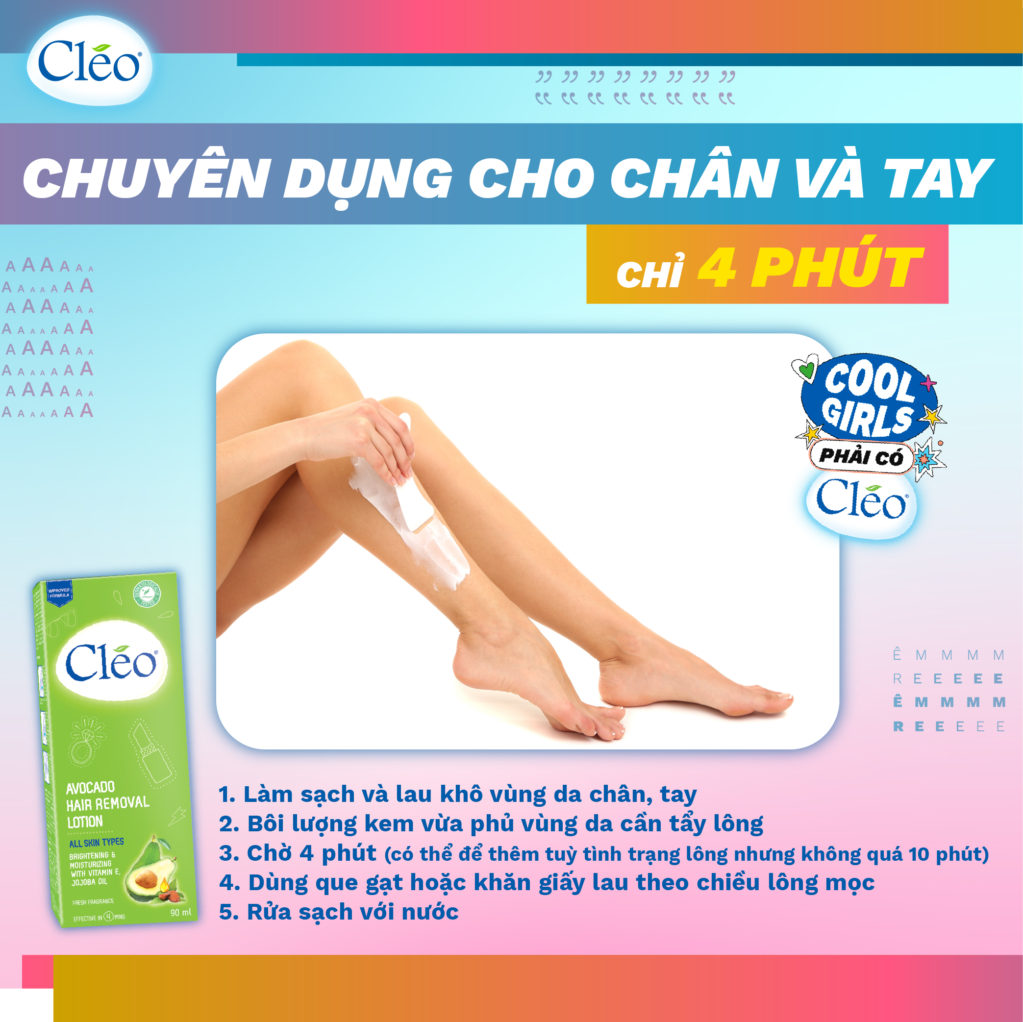 Combo tẩy lông nách Cléo cho da thường chiết xuất bơ 50g và tẩy lông chân tay Cléo an toàn trong 4 phút 90ml