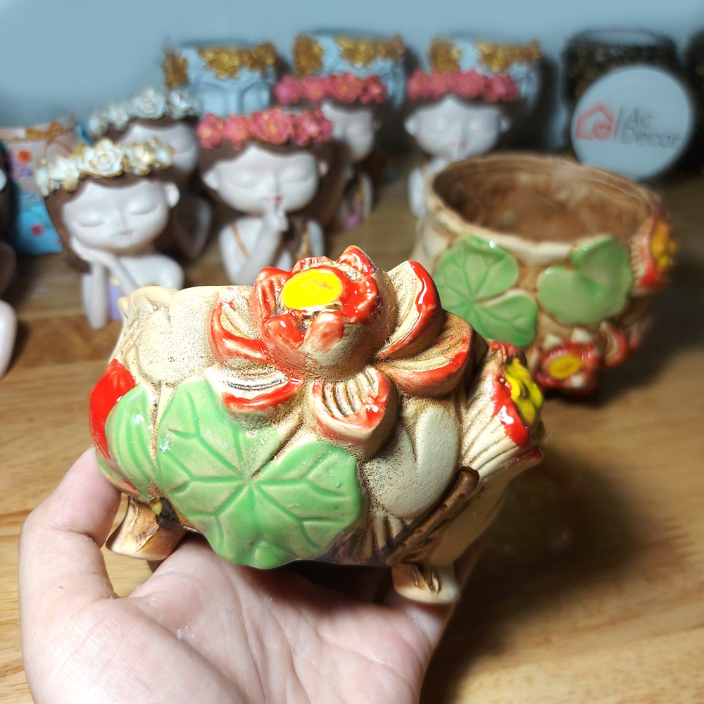 Chậu Gốm Họa Tiết Hoa Sen Nổi Giả Cổ Trồng Sen Đá, Xương Rồng, Chậu Kiểng Để Bàn Nhiều Mẫu Đẹp