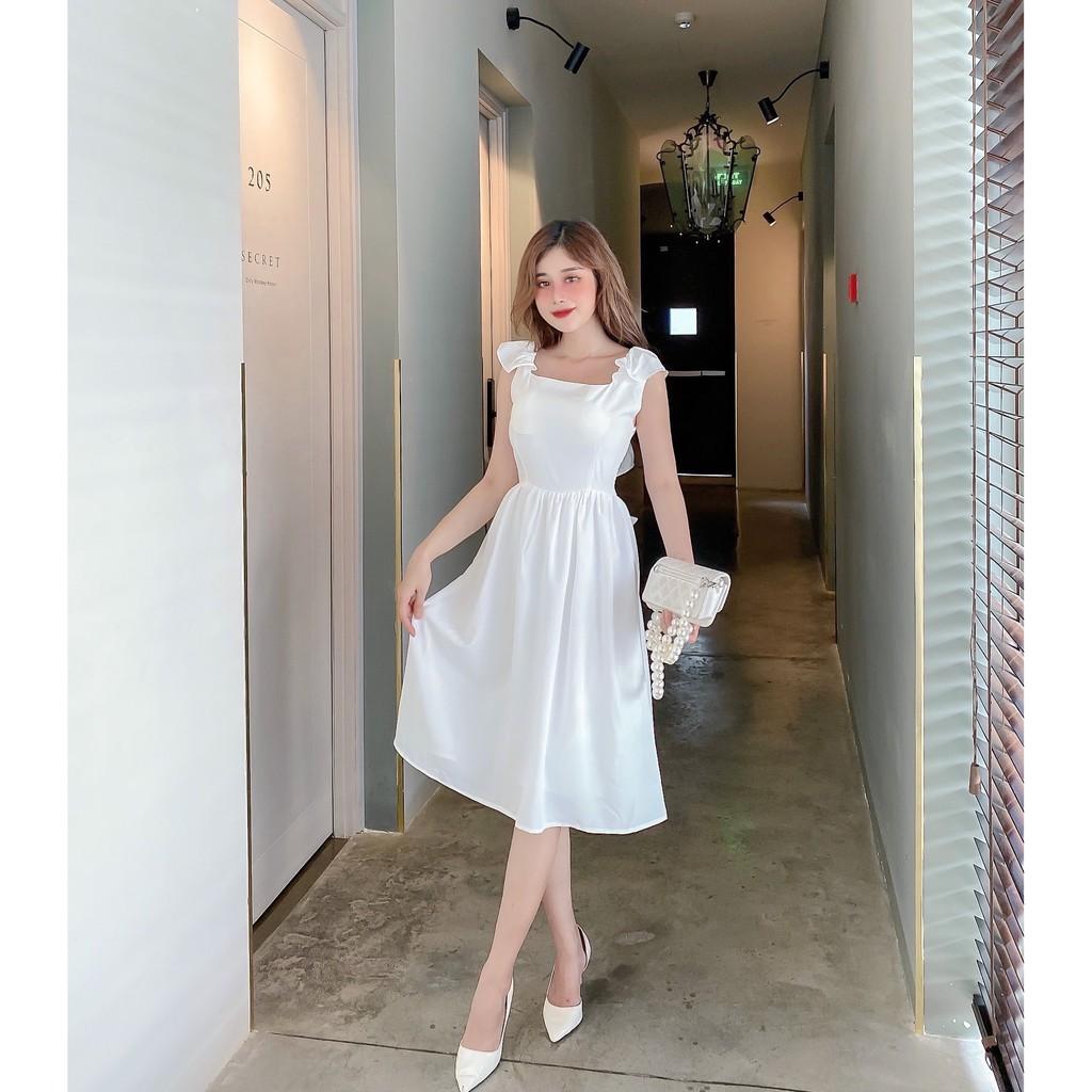 ĐẦM BÈO VAI NHÚN NƠ SAU KHOÉT LƯNG CỔ VUÔNG DÁNG XÒE-hình thật shop chụp