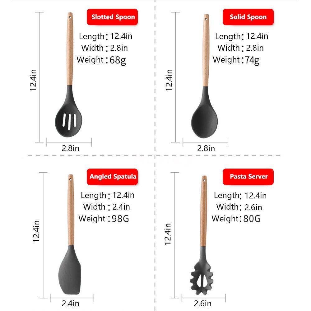 Bộ 8 Dụng Cụ Nấu Ăn Bằng Silicone Tay Cầm Gỗ Cách Nhiệt Dễ Vệ Sinh Cho Nhà Bếp / Nhà Hàng / Khách Sạn