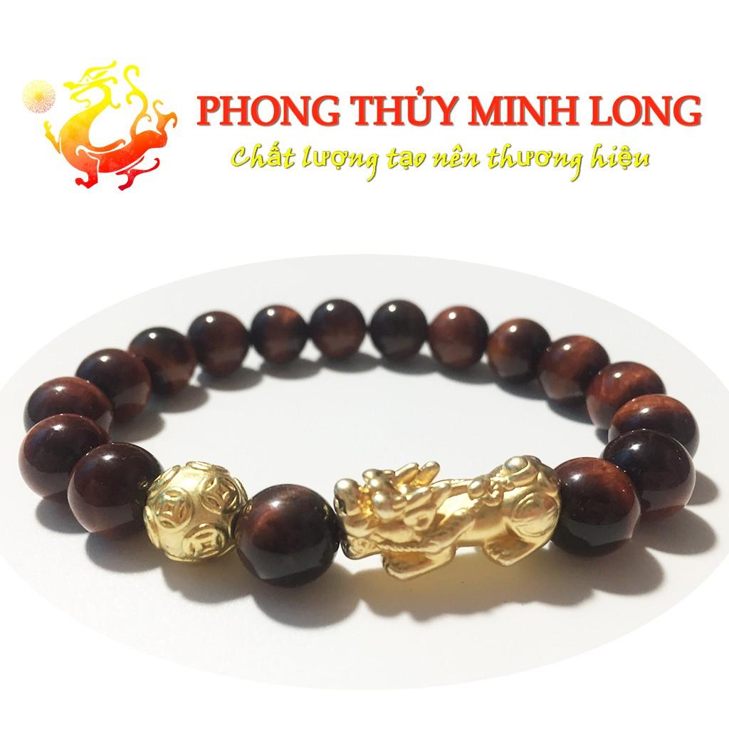 Vòng tay đá mắt hổ Đỏ Nâu 5A mix Tỳ Hưu và 1 hạt kim tiền hợp mệnh Hỏa và Thổ