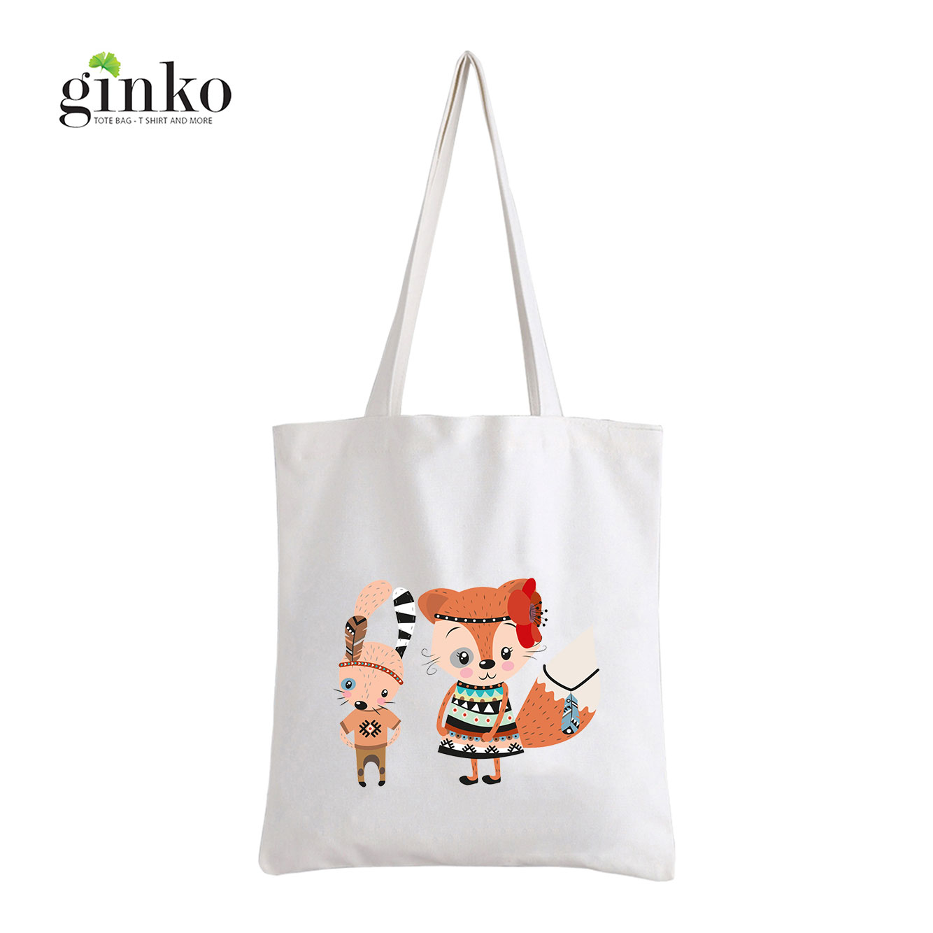 Túi Tote Vải Canvas Ginko kiểu basic có dây kéo khóa miệng túi đựng vừa laptop 14 inch và nhiều đồ dùng khác In Hình Cute Tribal Rabbit Fox On GK04