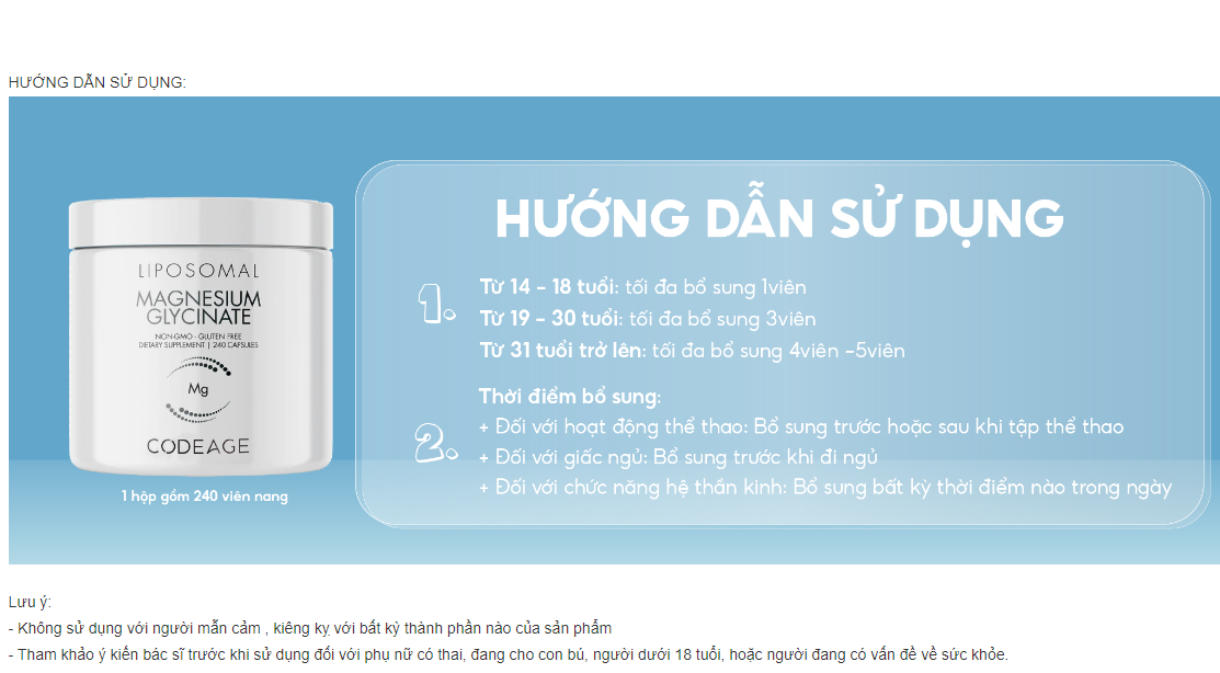 Viên uống tăng hiệu suất thể thao, cải thiện chức năng hệ thần kinh Codeage - Liposomal Magnesium Glycinate 240 viên