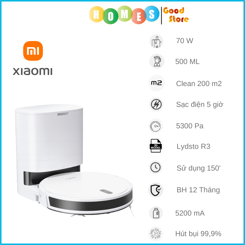 Robot Hút Bụi Lau Nhà XIAOMI Roidmi Lydsto R3 Siêu Mỏng Chỉ 7 Cm, Đổ Rác Tự Động, Khử Trùng Ozon Diệt Khuẩn, Thời Gian Làm Việc 150 Phút, Diện Tích Hoạt Động 250m2 Công Suất 50W Áp Suất 3,000 Pa - Hàng Chính Hãng