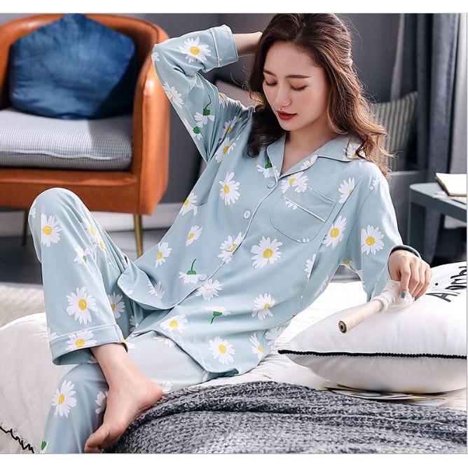 Bộ Đồ Pyjama Bầu Và Sau Sinh Dài Tay Az9446 Chất Liệu 100%Cotton Họa Tiết Hoa Cúc Dễ Thương Có Thiết Kế Cho Bé Ti