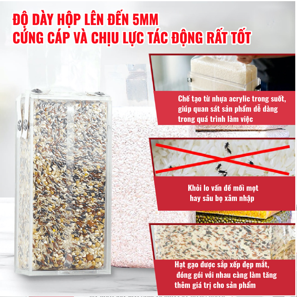 Hộp Định Hình Gạo RB5000. Chế Tạo Từ Nhựa Acrylic Đặc Biệt Dày Dặn Và Cứng Cáp, Chịu Được Lực Tác Động Cao Từ Bên Ngoài.