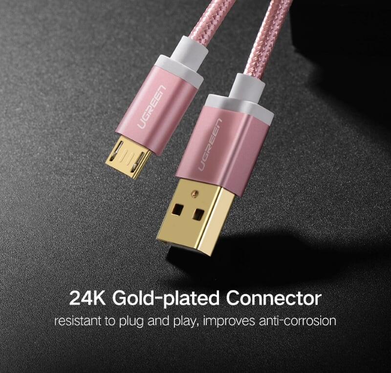 Ugreen UG30667US134TK 2M màu Hồng Cáp sạc truyền dữ liệu USB 2.0 sang MICRO USB đầu mạ vàng - HÀNG CHÍNH HÃNG