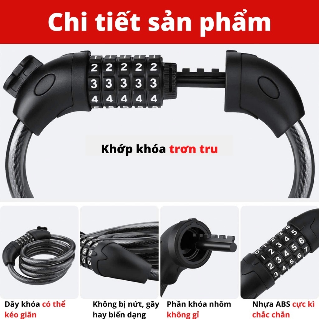 Khoá dây xe đạp 5 số cao cấp bền bỉ chất lượng cao cho xe đạp xe máy đa dụng chống trộm (Màu ngẫu nhiên)- HENRYSA
