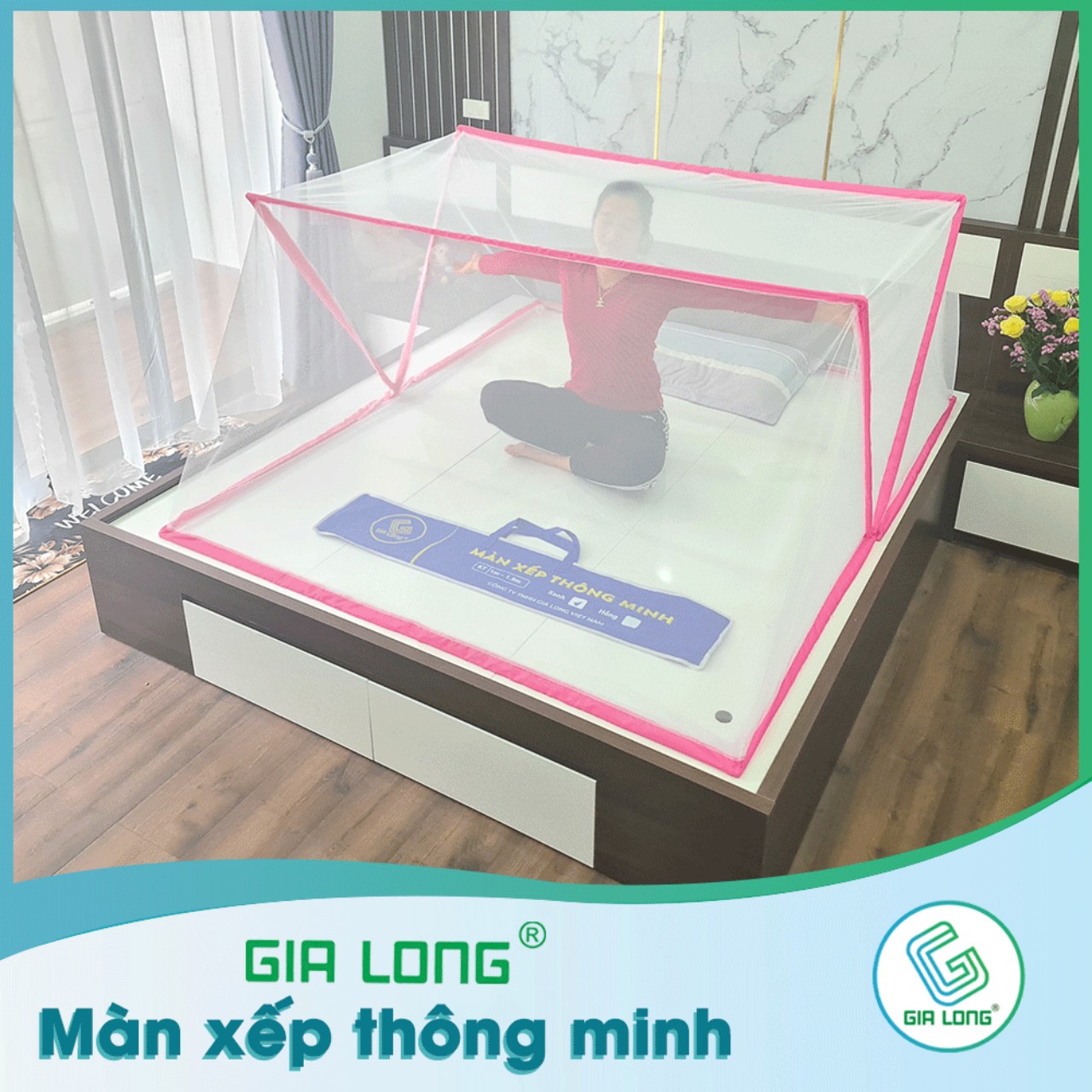 Màn Gấp Gọn Gia Long Cao Cấp (Size người lớn 1.8m x 2m)- màu hồng