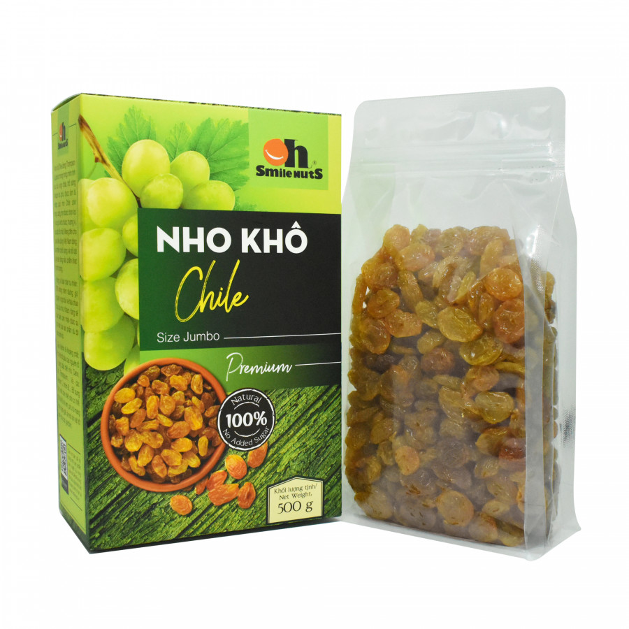 Nho Khô Không Hạt Smile Nuts Hộp 500g - Nho khô vàng nhập khẩu từ Chile, 100% không đường và chất bảo quản