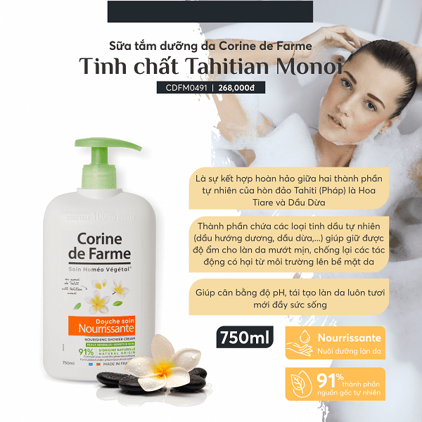[ Tặng tẩy da chết Cafe 200ml ] Sữa tắm dưỡng da Corine de Farme tinh chất Tahitian Monoi 750ML