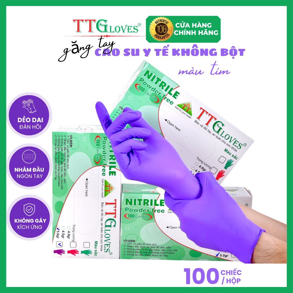 Găng Tay Cao Su Y Tế Size S Không Bột Nitrile TTGLOVES Màu Tím (100 Chiếc)