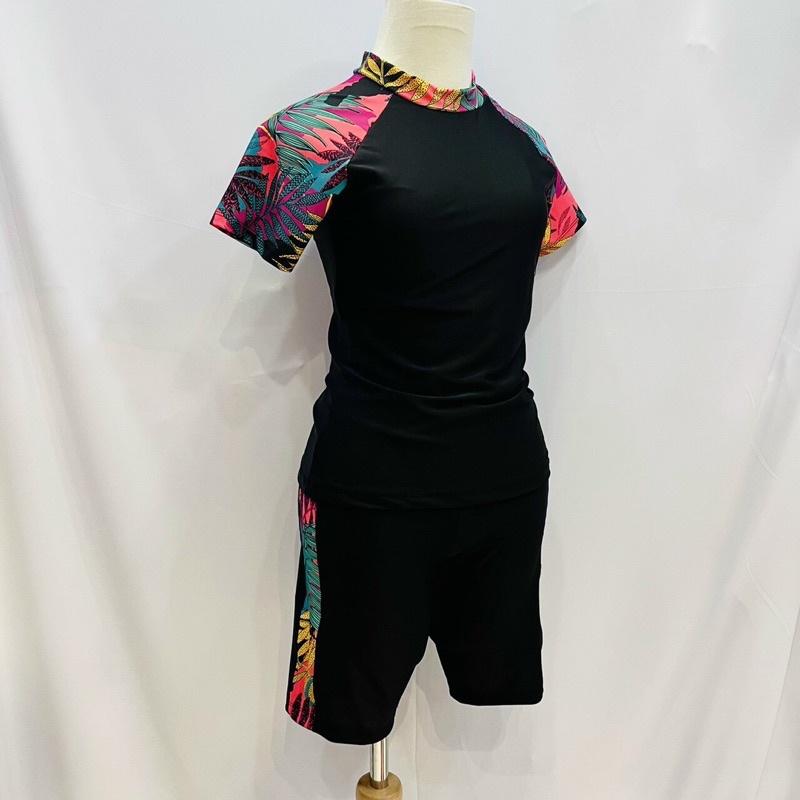 BỘ BƠI NỮ KÍN ĐÁO TAY NGẮN QUẦN LỬNG TRƠN PHỐI HOA VĂN SIZE 35-58kg