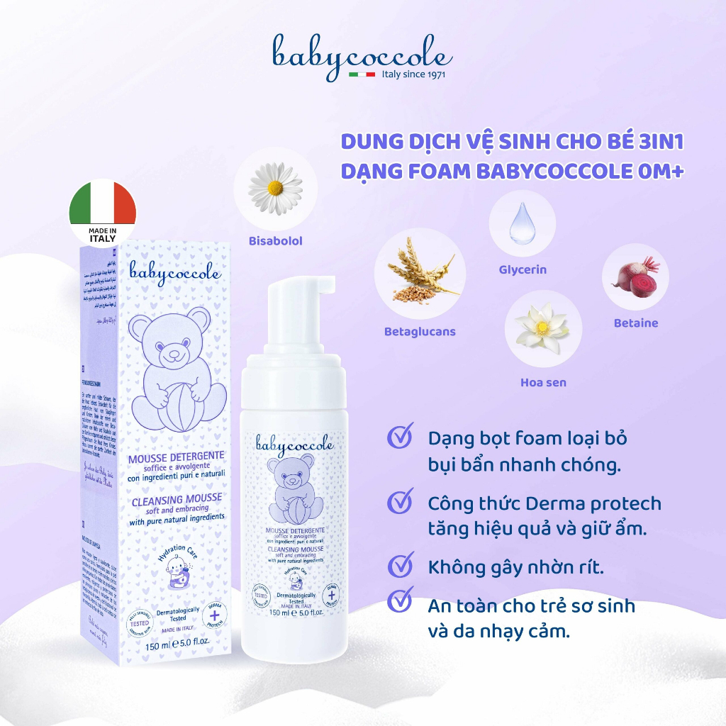 Dung dịch vệ sinh cho bé 3in1 Babycoccole 0M+ dạng foam an toàn cho trẻ sơ sinh và da nhạy cảm 150ml