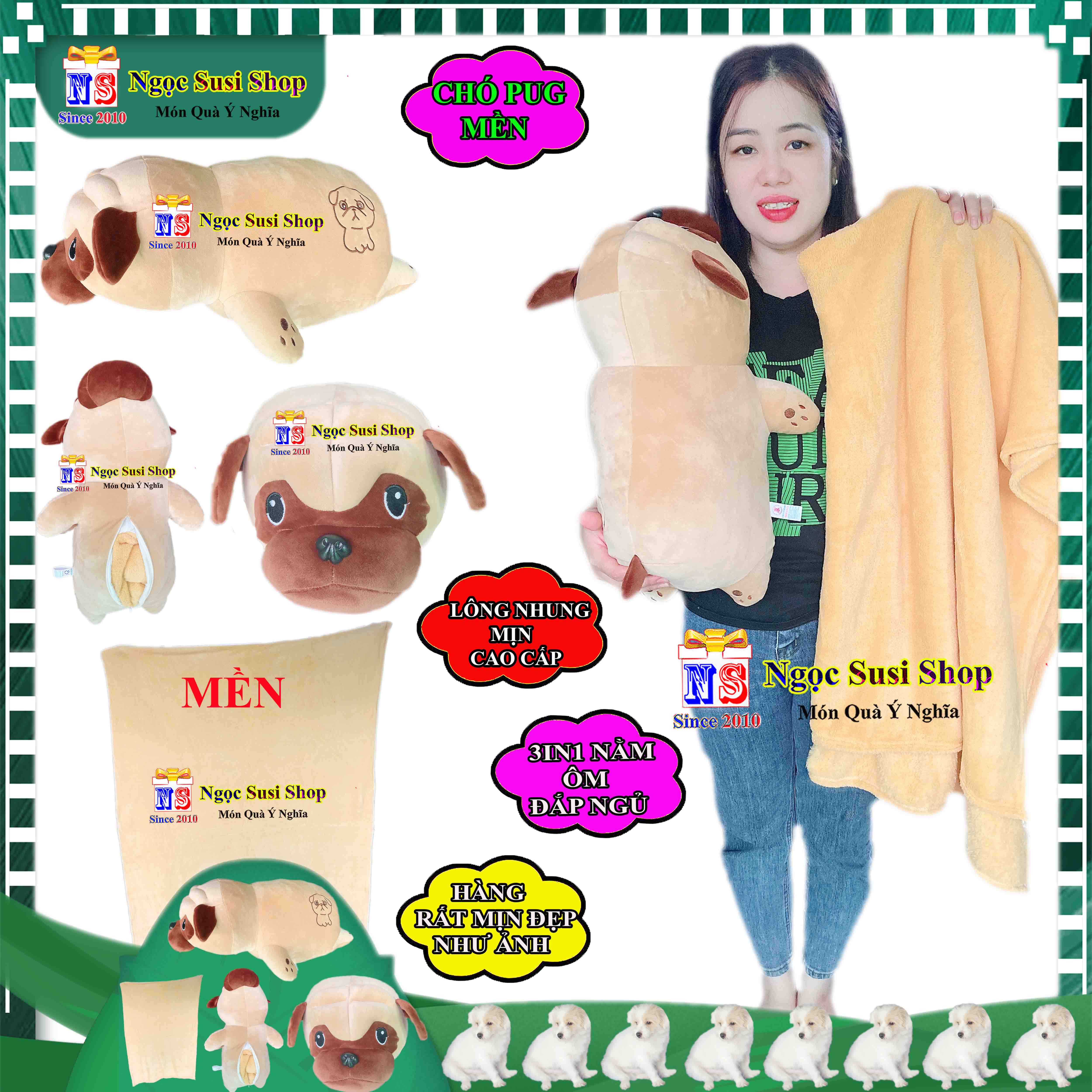 THÚ BÔNG MỀN 3IN1 CON CHÓ PUG NẰM ÔM ĐẮP MỀN NGỦ RẤT ĐẸP - GẤU BÔNG CHÓ PUG MỀN 3IN1
