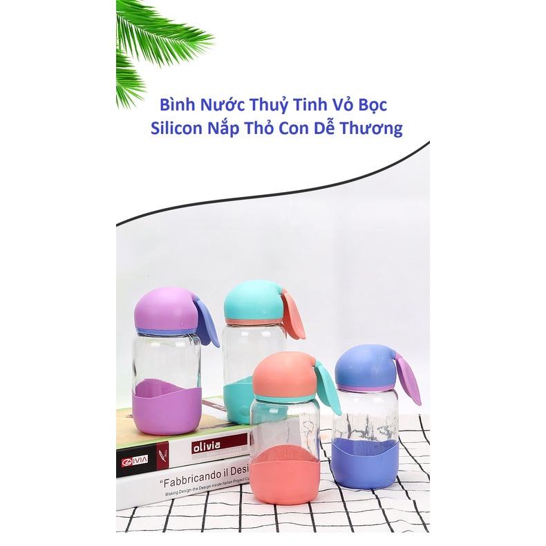 Combo 2 Bình Nước Thuỷ Tinh - Nắp Thỏ Con Dễ Thương Vỏ Bọc Silicon