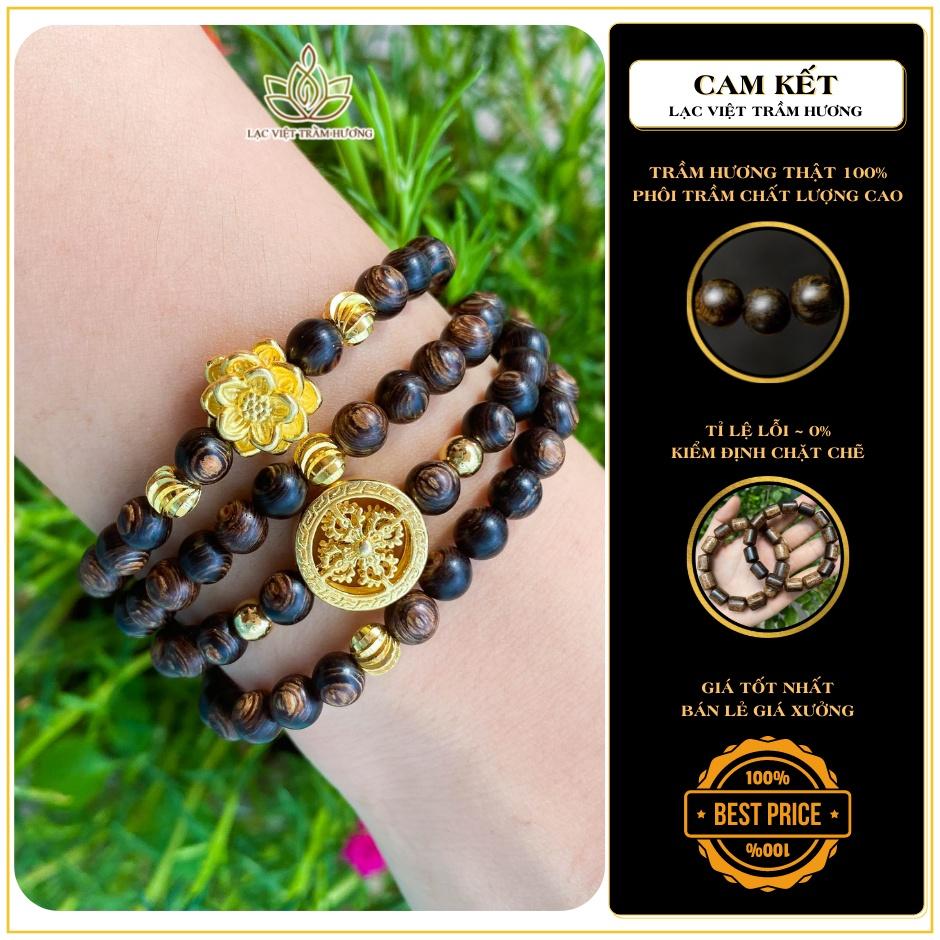 Vòng Tay Trầm Hương 108 Hạt Sánh Chìm Mix Charm Hoa Sen Vàng Phú Quý và Bánh Xe Pháp Luân Vàng - Lạc Việt Trầm Hương