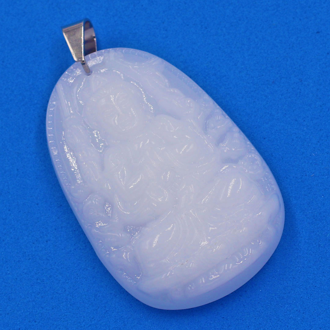 Mặt Phật Thiên thủ thiên nhãn đá thạch anh trắng 3.6 cm kèm móc và dây chuyền inox, Mặt Phật bản mệnh, Quan âm nghìn tay nghìn mắt