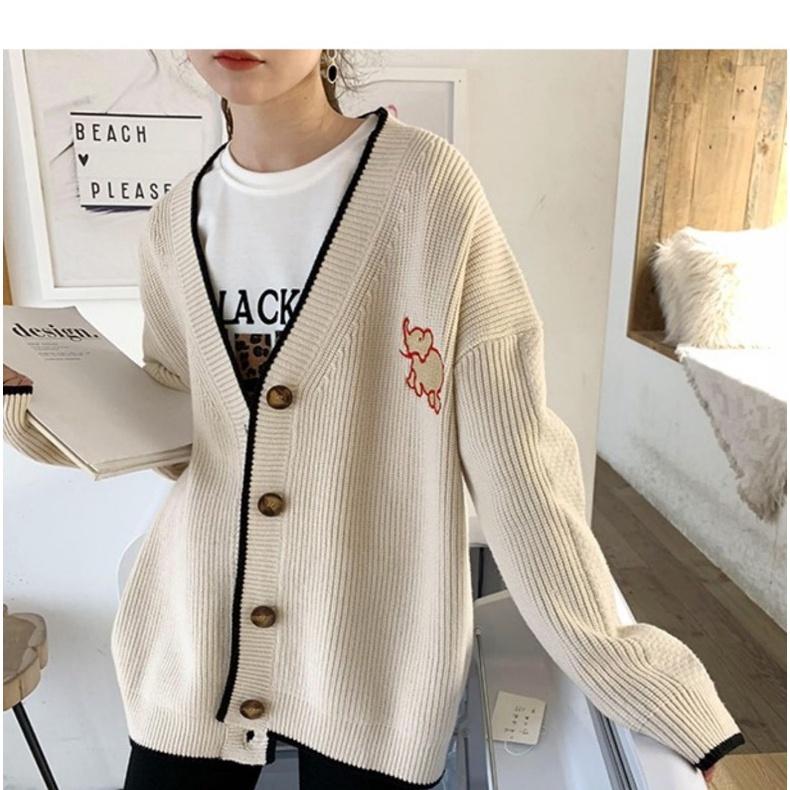 MS334 Áo khoác cardigan len nữ viền màu cổ tim thêu voi