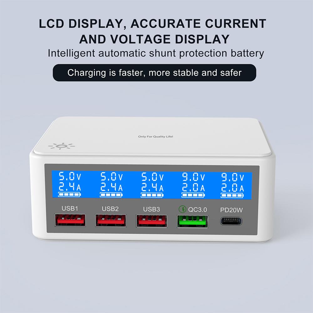 Multiple USB Charger 65W 5-Port USB Charging Stations with LCD Display PD 20W + QC3.0 Fast Charger Multi-Port USB Hub Charger for Smart Phones Tablet Earphone and More