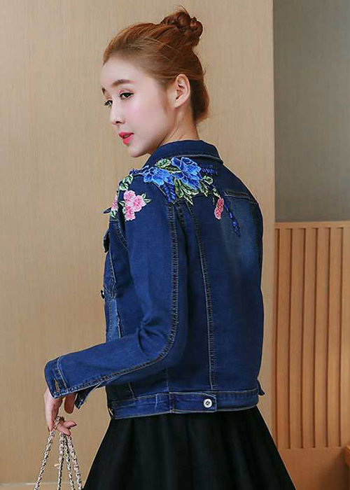 Áo Khoác Jean Nữ Dài Tay Vai Thêu Hoa