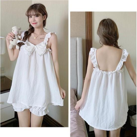 Set đồ ngủ hai dây thiết kế kết nơ cổ kết hợp quần bí ngô siêu cute S023