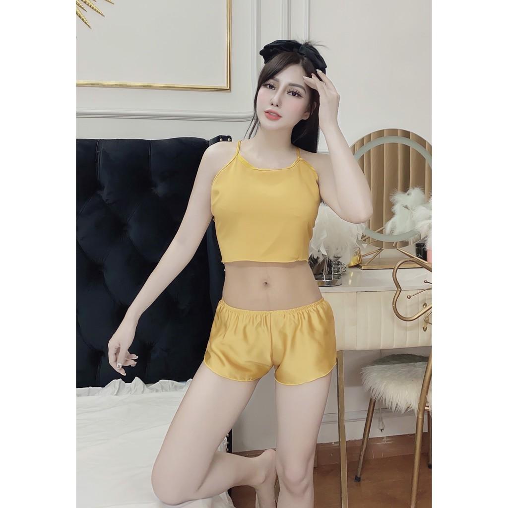 Đồ bộ Ngủ Nữ, đồ bộ yếm Hisexy Lụa Satin Trơn Dáng Xuông Liền Thân MS34