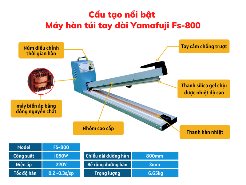 Máy hàn miệng túi tay dài Yamafuji FS-800 - Hàng chính hãng