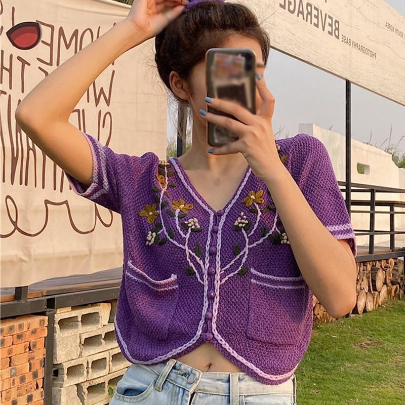 Áo cardigan dệt kim tay ngắn cổ chữ V hoạ tiết hoa thêu phong cách retro dành cho nữ