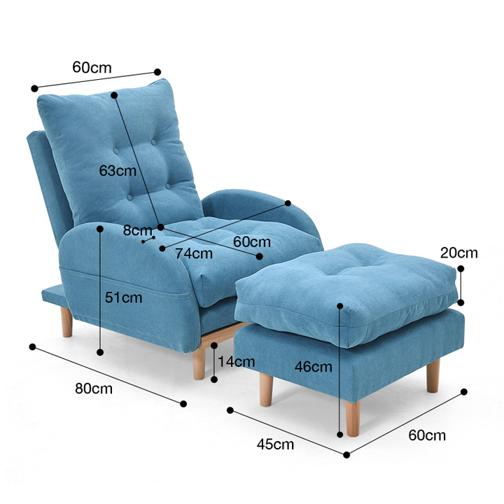 Ghế sofa thư giãn, Ghế lười kèm đôn chất liệu vải, có điều chỉnh 3 cấp độ, có thể tháo ra vệ sinh