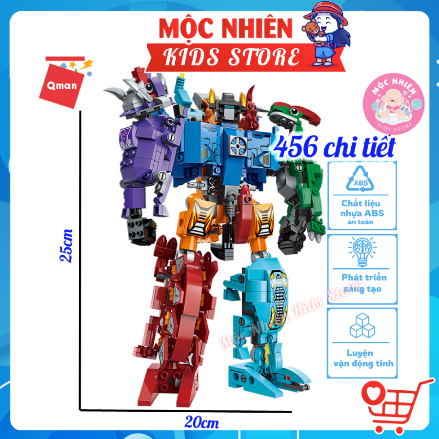 Đồ chơi lắp ráp xếp hình robot người máy Qman 1414 - Siêu Robot khủng long (553 mảnh ghép) dành cho bé trên 6 tuổi