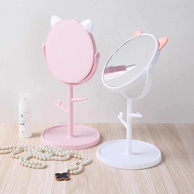 Gương trang điểm để bàn tai mèo có giá treo trang sức màu hồng