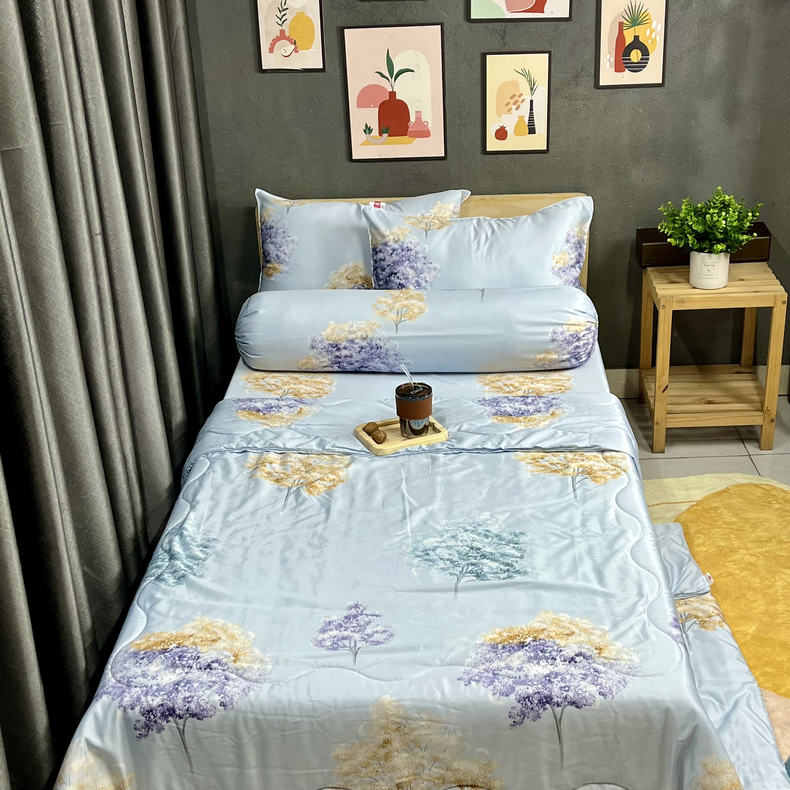 Bộ Chăn Ga Gối Đệm Phi Lụa Tencel Bộ Chăn Ga 5 Món Drap Giường 