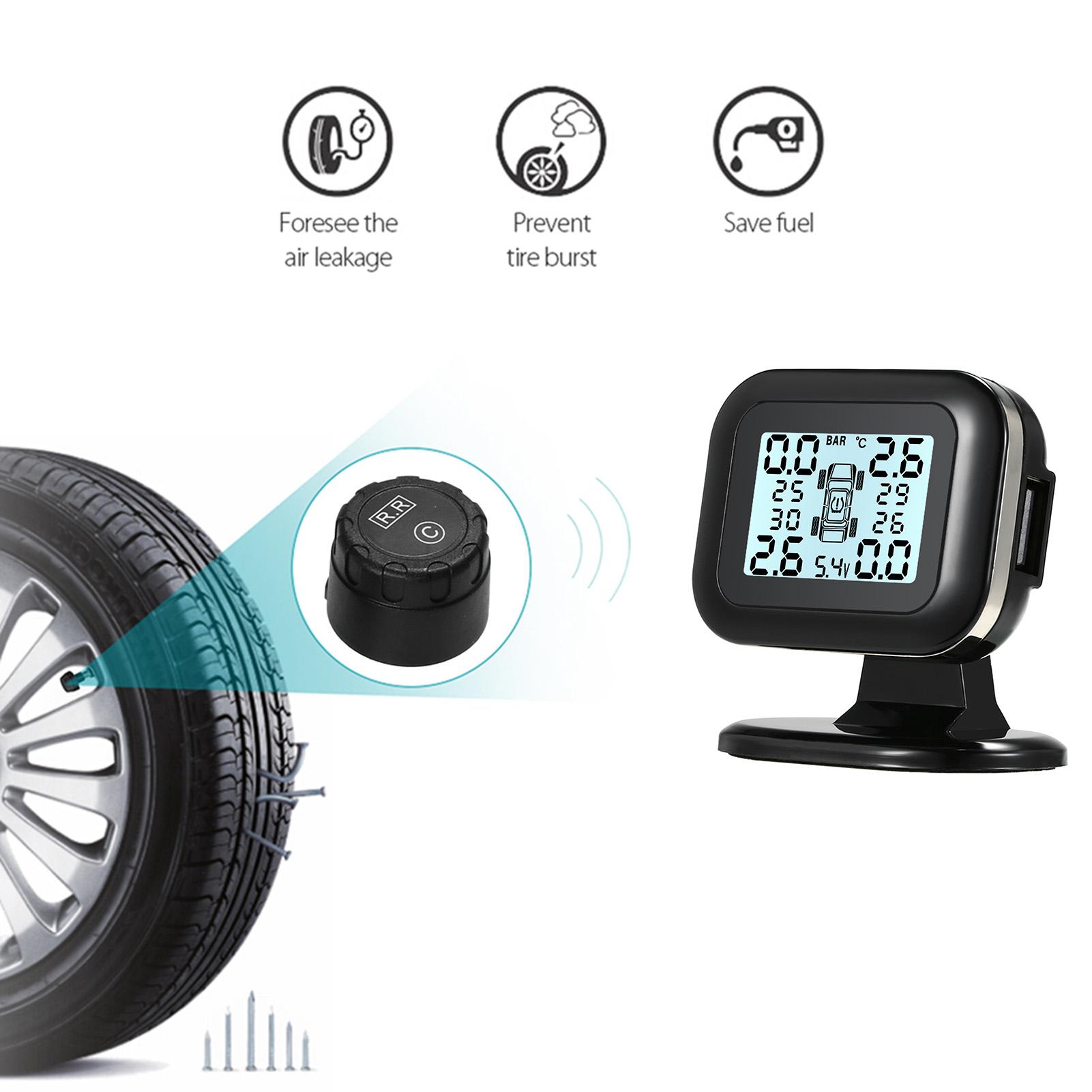 TPMS Tire Pressure Monitoring System Wireless Real-time LCD Display 4 External Sensors Alarm Function