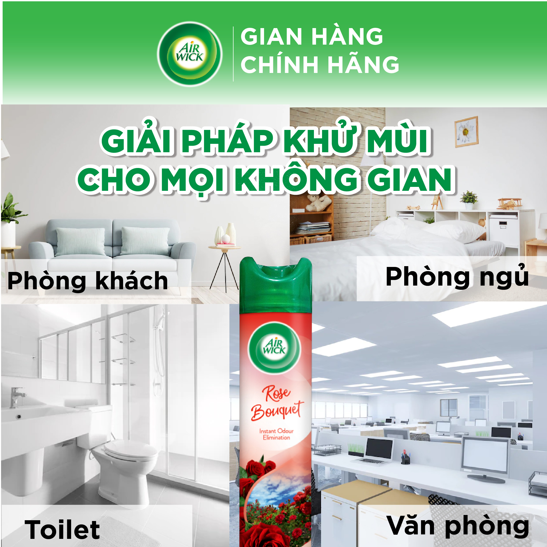 Chai xịt thơm phòng hương hoa hồng AIRWICK ngọt ngào, quyến rũ, vòi xịt thông minh giúp tỏa hương dễ dàng 300ml