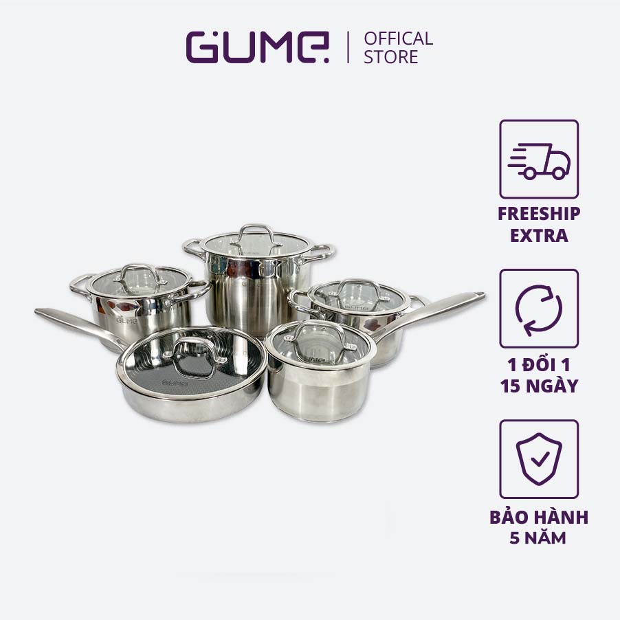 Bộ Nồi Inox 5 Món Cao Cấp GUME - Đế 5 Lớp - Hàng Nhập Hàn Quốc