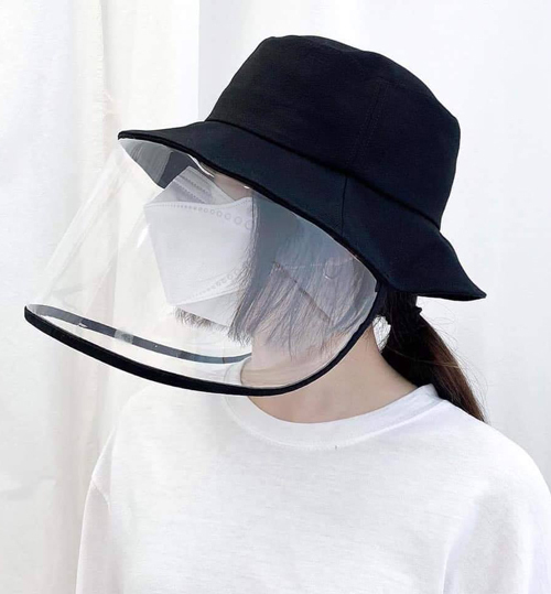 Mũ bucket có tấm chắn trong suốt phòng dịch bệnh, khói bụi, mũ bảo hộ thời trang - ĐEN