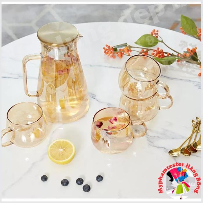 Bộ bình và cốc trứng thủy tinh chịu nhiệt vàng hổ phách